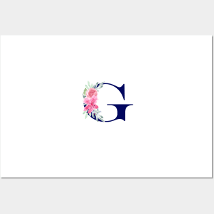 Watercolor Floral Letter G in Navy Posters and Art